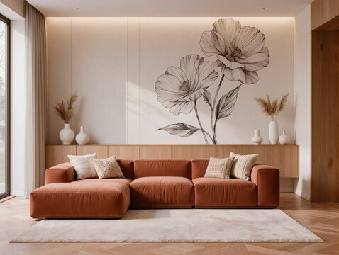Living Room with Brown Sectional Sofa and Floral Wall Mural