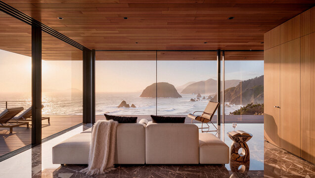Luxury Living Room with Panoramic Ocean View and Mountain Landscape. AI generated