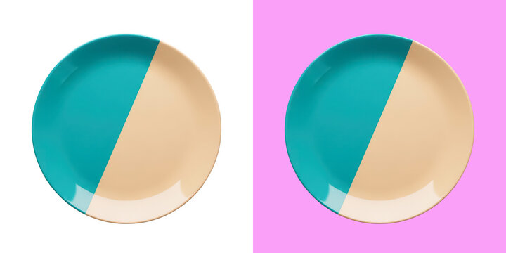 Two round plates with split blue and beige color design