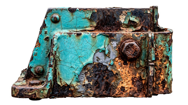 Machine part with peeling turquoise paint and rusted metal texture on aged surface