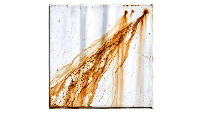 Metal sheet with rust streaks and corrosion marks on white painted surface featuring oxidation
