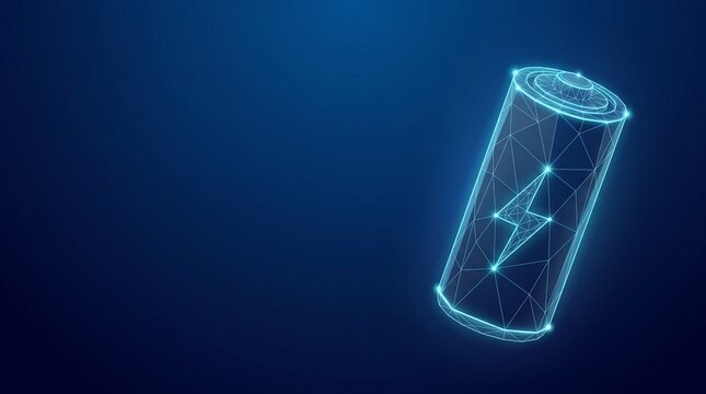 Digital battery concept with low poly wireframe and glowing energy symbol on blue background