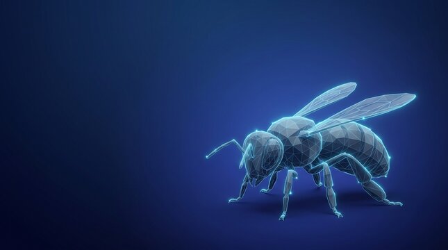 Abstract futuristic 3D honey bee hologram low poly model on dark blue background