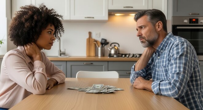 A concerned couple sitting at a kitchen table discussing financial worries with a pile of cash between them, serious expressions in a modern home setting.