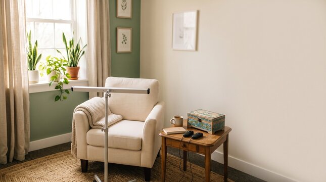 Cozy sunlit therapy office corner with EMDR light bar setup and empty armchair