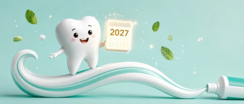friendly cartoon tooth character holding a 2027 calendar while standing on a swirl of toothpaste squeezed from a tube with floating mint leaves and sparkles