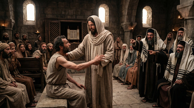 Jesus healing the man with a paralyzed, withered hand in the synagogue on the Sabbath, despite the anger of the Pharisees
