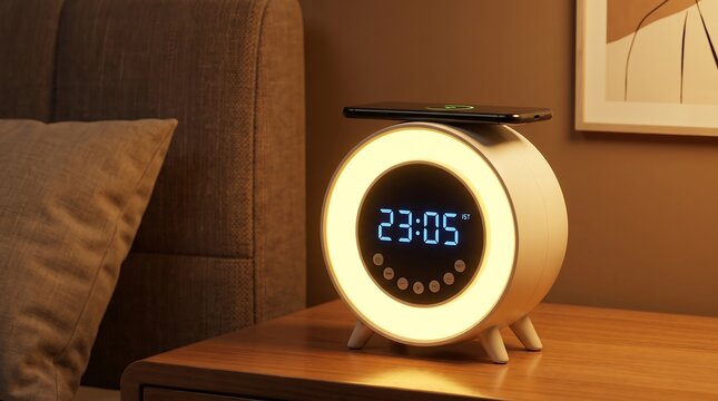Modern Digital Alarm Clock with Ring Light and Wireless Phone Charging on Wooden Bedside Table in Cozy Bedroom Interior.