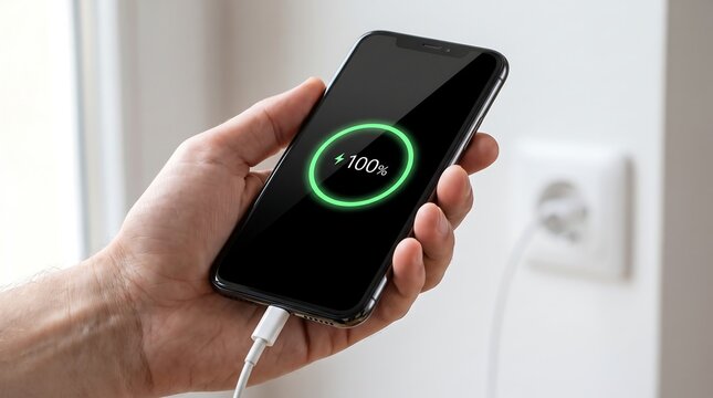 Person holding charging smartphone showing 100 percent full battery on screen for mobile energy and power technology