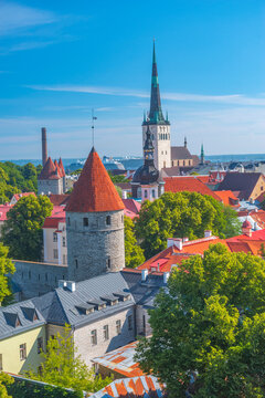 Panoramic view of Tallinn old town with fortress tower and St Olaf spire with copy space