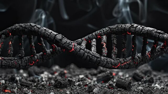 Twisting Burned Charcoal Genetic Helix with Glowing Red Cracks for Mutation Concepts
