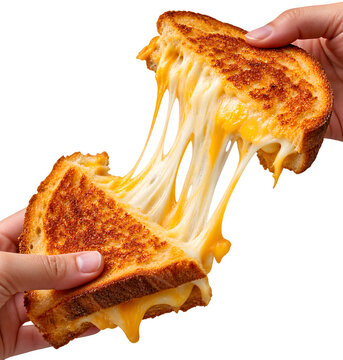 Gooey Grilled Cheese Sandwich with Stretchy Melted Cheese Held by Hands