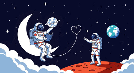 Naklejka premium Astronauts Exploring Space with Love and Science Illustration
