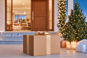 Fototapeta premium Gift box with gold ribbon on snowy doorstep beside lit Christmas tree and candles