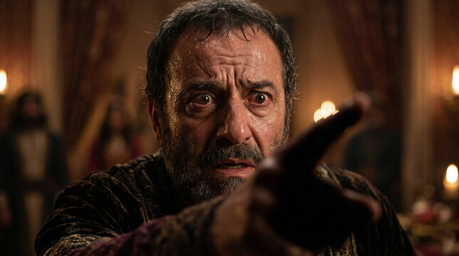 Queen Esther's tense, dramatic banquet where she finally points an accusing finger at the wicked Haman before the King