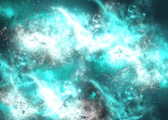 Ethereal teal and cyan cosmic nebula and glowing stars space background © Andrew