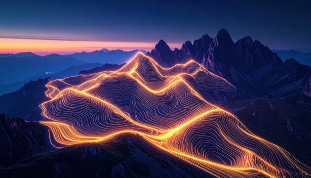 Futuristic Topographic Mountain Landscape at Dusk with Glowing Contour Lines