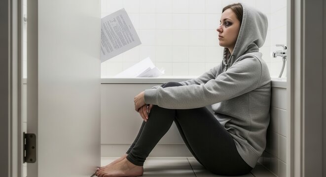 A young woman sitting alone in a modern bathroom stall, looking distressed while holding a piece of paper, wearing a gray hoodie and black leggings, conveying a sense of sadness or disappointment.