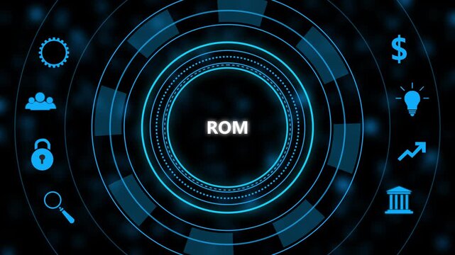 Rom read only memory concept with digital hud interface and business futuristic technology background, for data storage, and computing solutions
