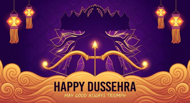 Vector illustration on the celebration of Indian festival Happy Dussehra. Bow and arrow with lighting over evil