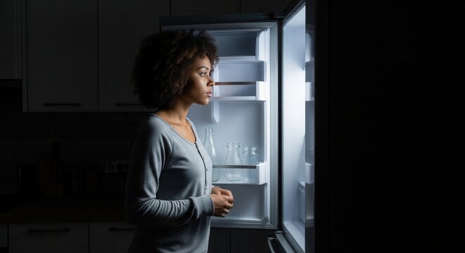 A thoughtful woman standing in a dimly lit modern kitchen looking inside an empty refrigerator with a contemplative expression and crossed arms.