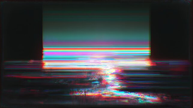 Abstract VHS glitch art with horizontal glowing neon lines, retro 80s synthwave horizon, noisy digital distortion background