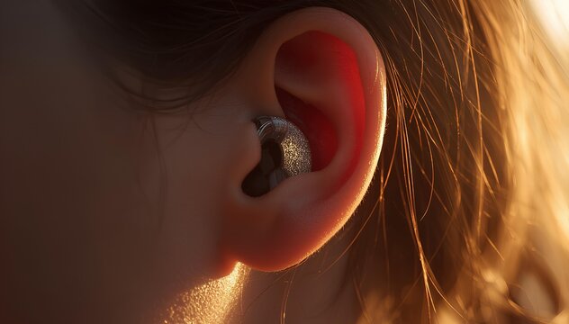Close-up of a human ear with a discreet in-ear listening device subtly inserted, showcasing advanced audio technology