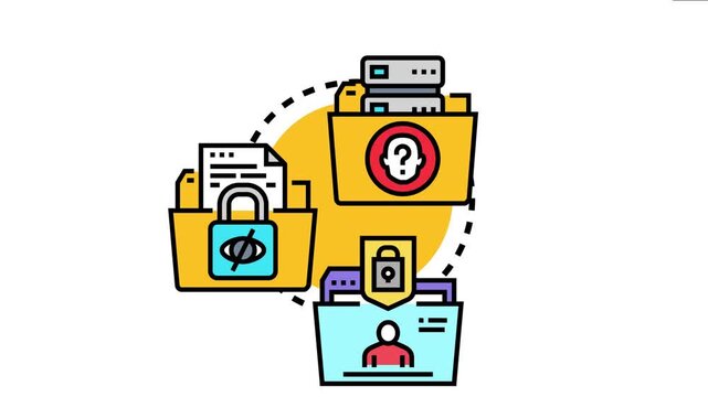 Abstract showing multiple folders containing data and documents, emphasizing concepts of anonymization, privacy, and digital security with locks and shielded profiles