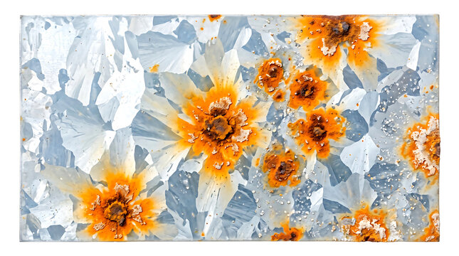 Sunflowers painted on distressed galvanized steel with rust and peeling blue paint texture