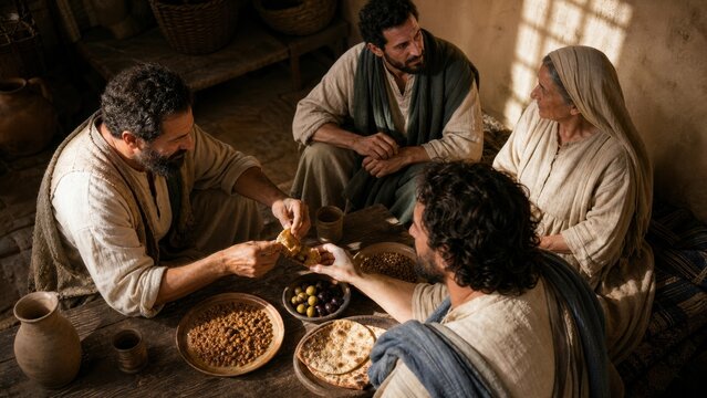 Biblical travelers sharing a meal with a welcoming woman in a humble ancient home. And remain in the same house, eating and drinking what they provide, for the laborer is worthy of his