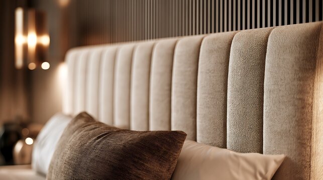 Modern luxury bedroom interior with upholstered vertical channel tufted headboard.