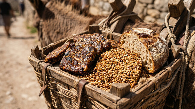 Abigail bringing a massive, generous offering of bread, wine, roasted grain, and figs on donkeys to stop David's wrath