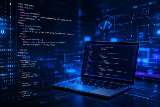 Laptop with code and binary data stream coding programming