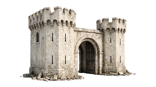 Medieval stone castle gate with twin towers, ancient fortress entrance on white background, historic defensive architecture