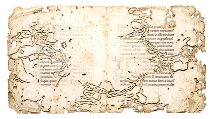 Obraz premium Vintage manuscript page with latin text and detailed coastal map illustrations aged and damaged