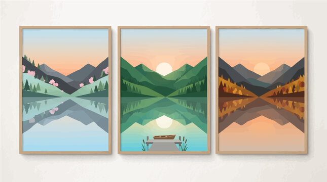 Triple landscape vector illustration set featuring serene mountain ranges during seasonal changes with soft sunlight reflections in calm lake waters