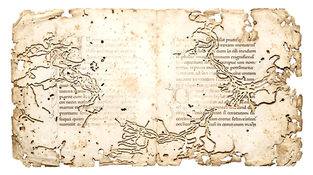 Vintage manuscript page with latin text and detailed coastal map illustrations aged and damaged