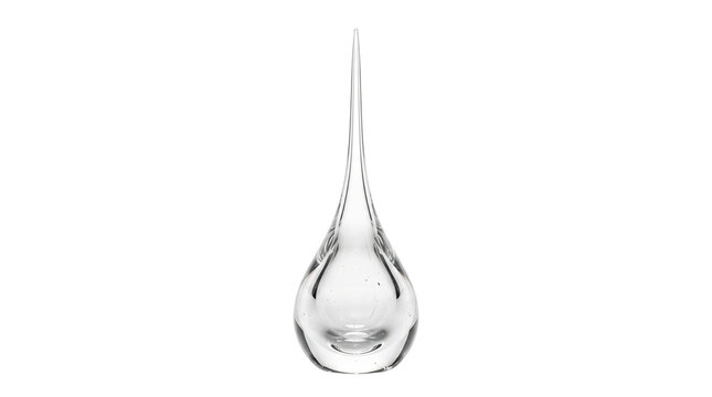 Minimalist glass teardrop sculpture, elegant clear crystal water drop, modern decorative glass ornament on white background