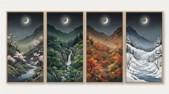 Four seasonal landscape panels depicted in a minimalist pixel art vector illustration style showing nature cycles under a crescent moon
