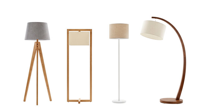 Modern floor lamp collection, set of 4 minimalist standing lamps with wooden and metal bases, contemporary home lighting fixtures on white