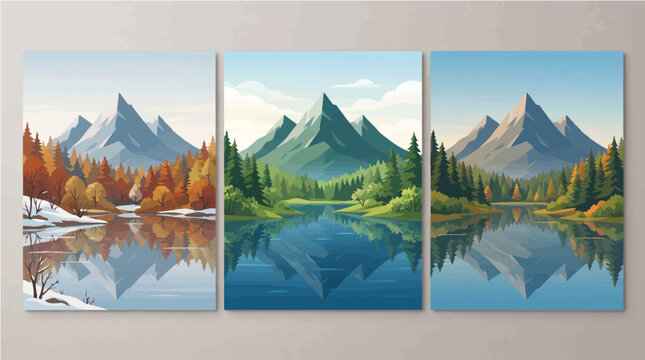 Mountain landscape vector illustration set showing seasonal changes across spring summer and autumn with clear blue water reflection and sky