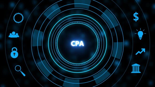 Cpa certified public accountant concept with digital hud interface and financial animated motion for business, accounting, and corporate finance presentations