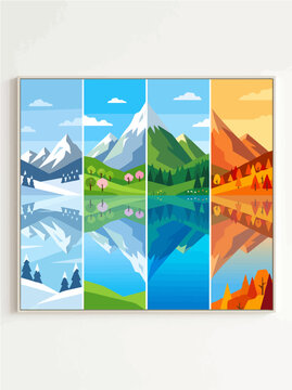 Colorful four seasons landscape vector graphic illustration depicting mountain scenery reflected in calm water under bright blue and orange skies