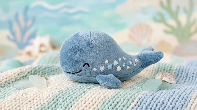 Handcrafted blue stuffed sea turtle resting on beach towel with ocean backdrop.