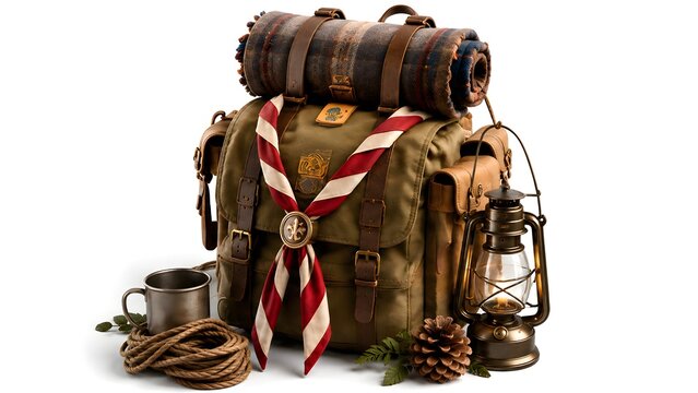 Vintage Scout Backpack with Neckerchief Lantern Blanket and Camping Gear 