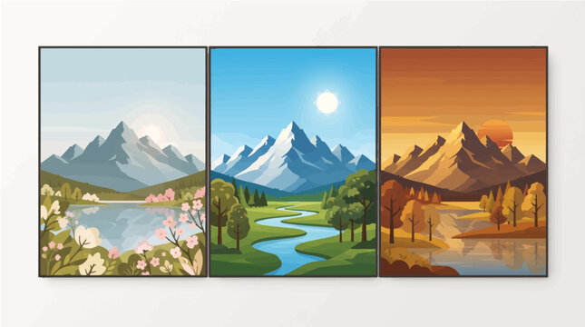 Three panel vector illustration showcasing diverse seasonal mountain landscapes with vibrant colors sunlit peaks and peaceful natural river flowing scenery
