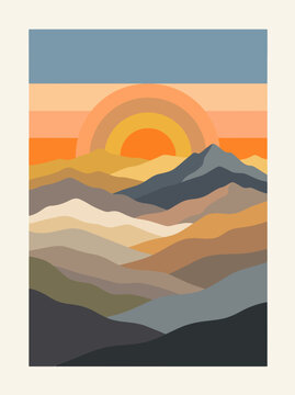 Stylized mountain landscape vector illustration featuring a warm sun rising over layered peaks with retro colors and minimalist aesthetic design