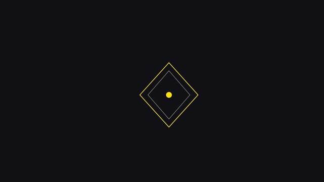 Minimalist geometric diamond animation with pulsing yellow dot and circular outline on dark 4k background