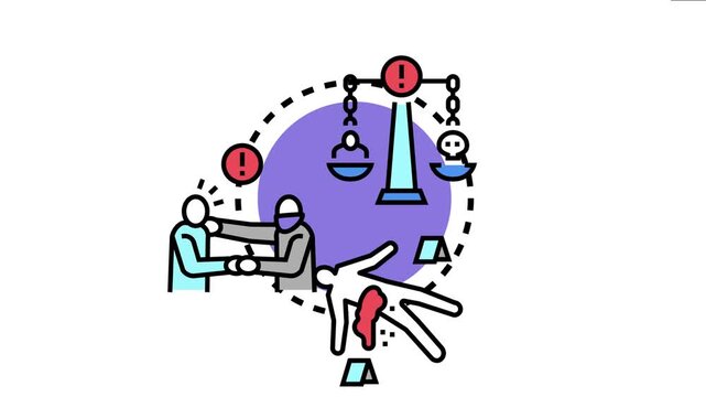 Crime prevention and justice administration concept showing a scales of justice balancing victims and perpetrators, along with a crime scene and two figures interacting
