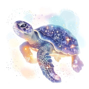 Cute sea turtle with glowing starry sky pattern on shell. Magical aquatic animal illustration for children poster, sticker and greeting card. Dreamy galaxy space wildlife art.